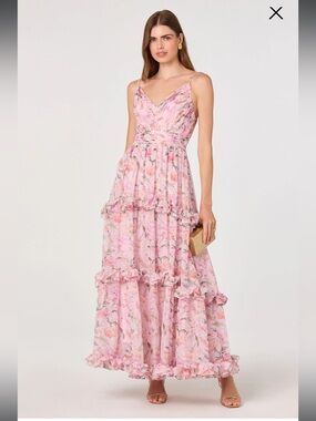 astr the label ayanna pink floral tiered pleated maxi summer sun dress small NEW